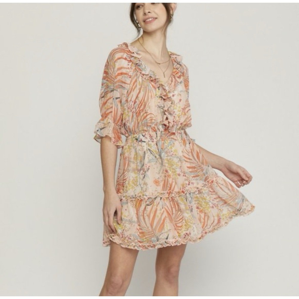 Entro Floral Print Ruffle Mini Dress Sheer Lightweight Coral Palm‎ Spring Size L